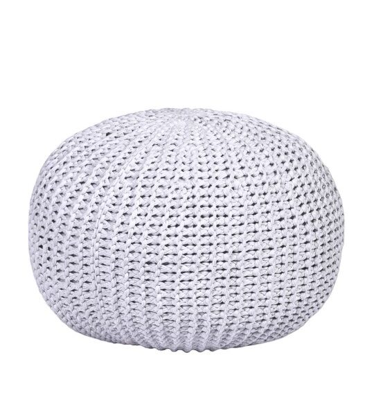 Light Gray Knitted Pouf - Handcrafted Accent