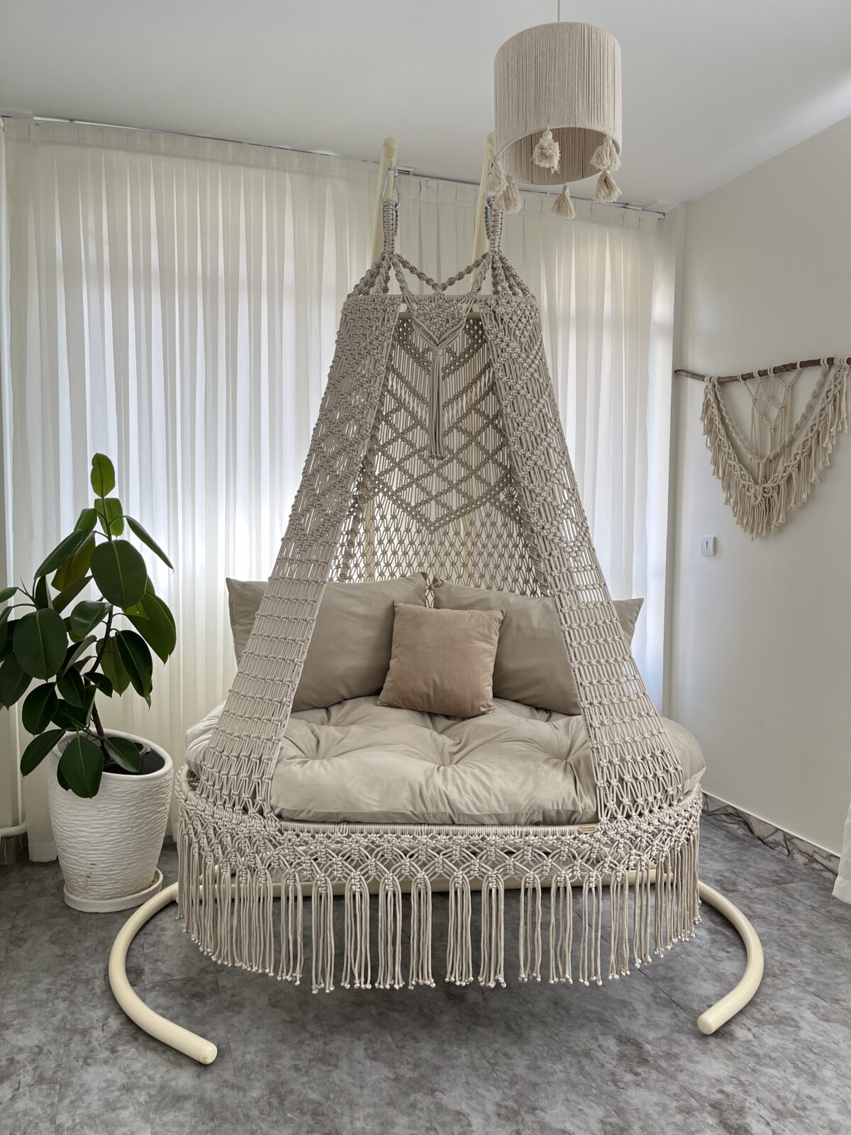 Elegant Cream Macrame Hanging Chair-Due Swing