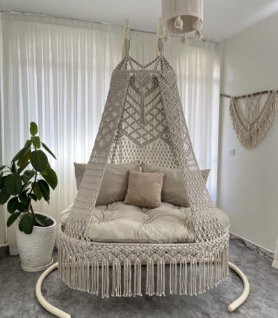 Elegant Cream Macrame Hanging Chair-Due Swing